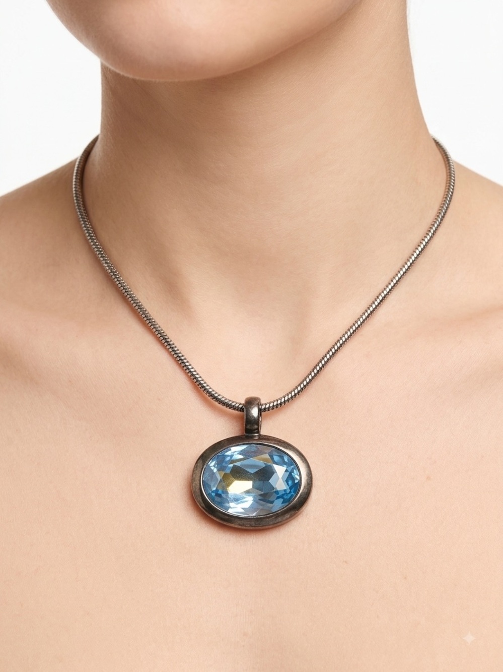 Guess Blue Crystal Oval Pendant Necklace - Women Jewelry